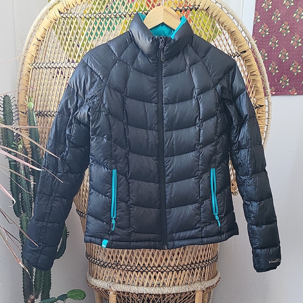 Black Puffer Jacket with Blue Accents